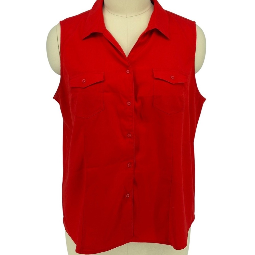 Catherines Sleeveless Button Down Shirt Red Pocket Front Stretch 22/24W